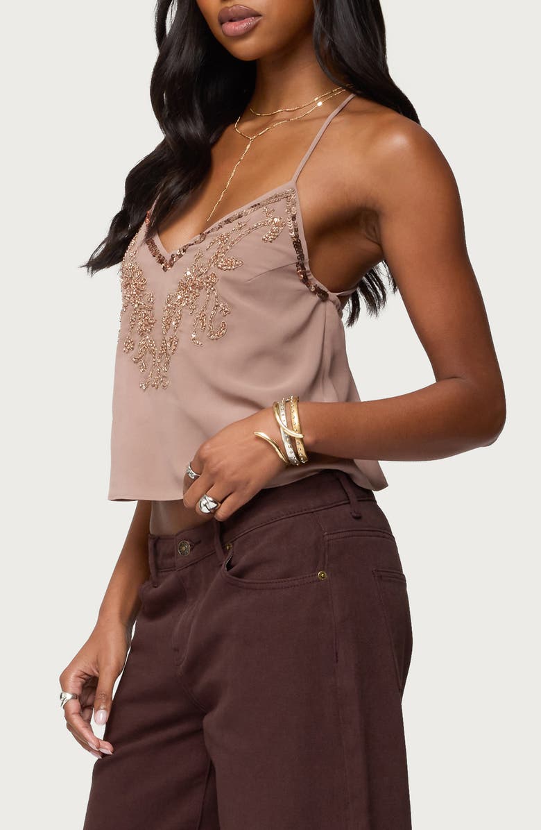 EDIKTED Sorina Sequin Beaded Camisole, Alternate, color, Taupe