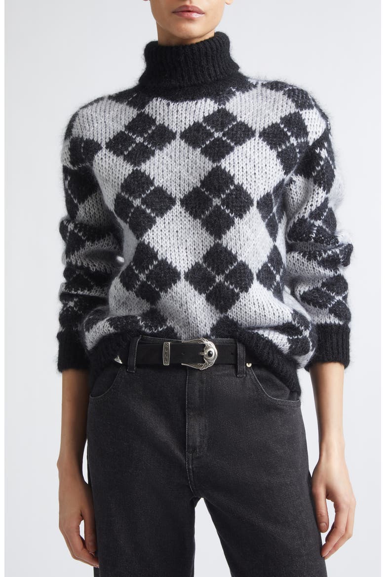 Argyle Mohair & Silk Turtleneck Sweater, Alternate, color, 22-75 BLK LT PRL GRY