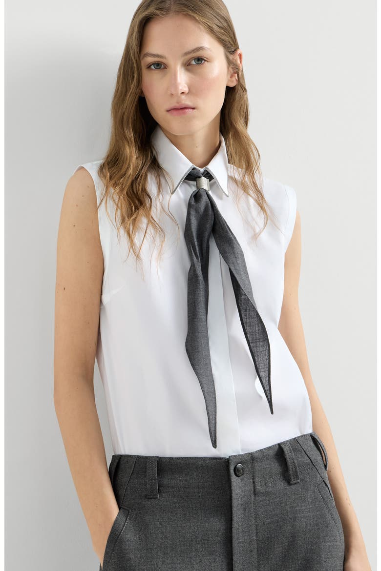 Stretch cotton poplin sleeveless shirt with shiny trim, Alternate, color, White