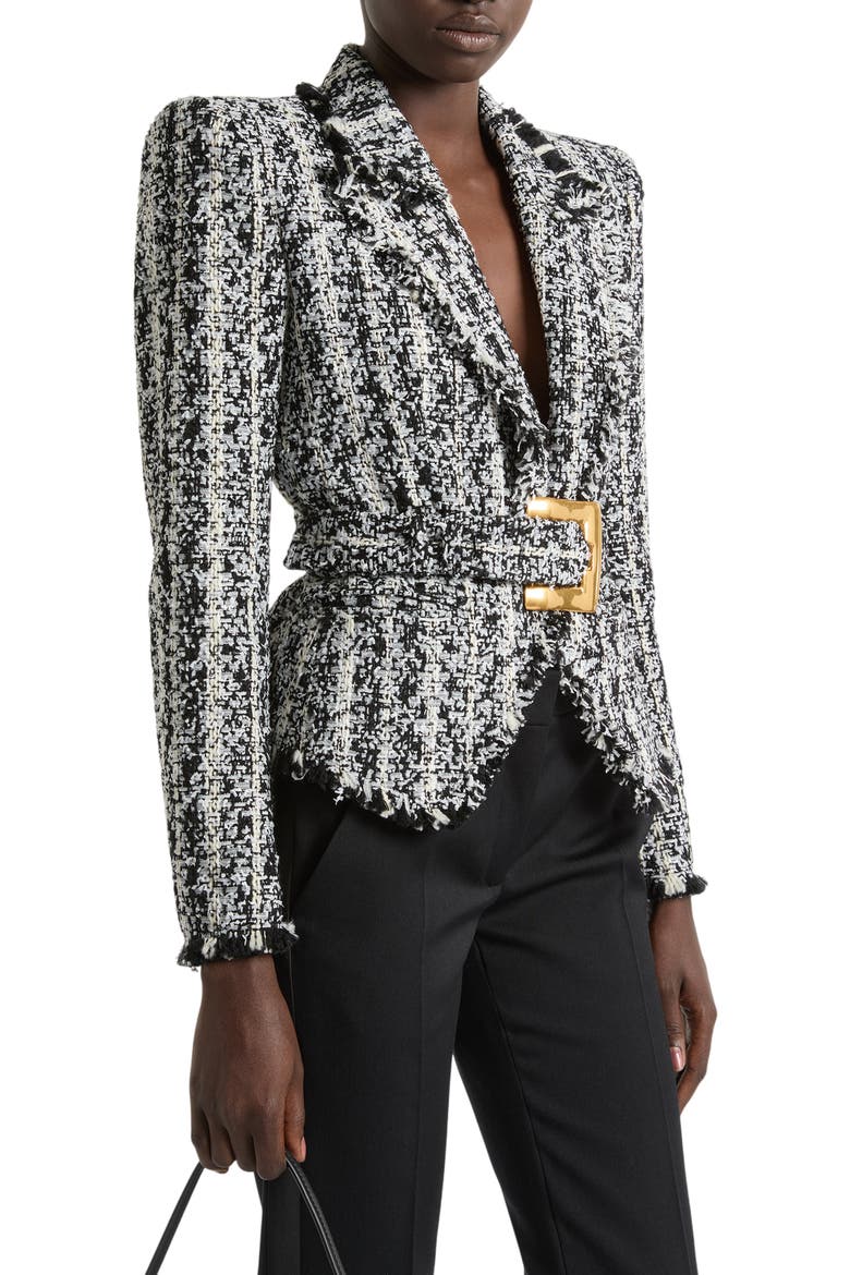 Two-tone tweed belted jacket, Main, color, black