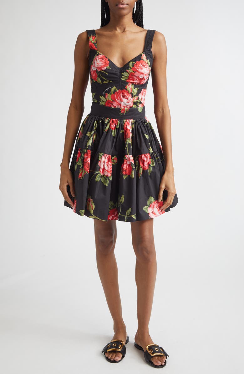 Dolce&Gabbana Rose Bouquet Pleated Cotton Poplin A-Line Miniskirt, Alternate, color, Bouquet Rose F.nero