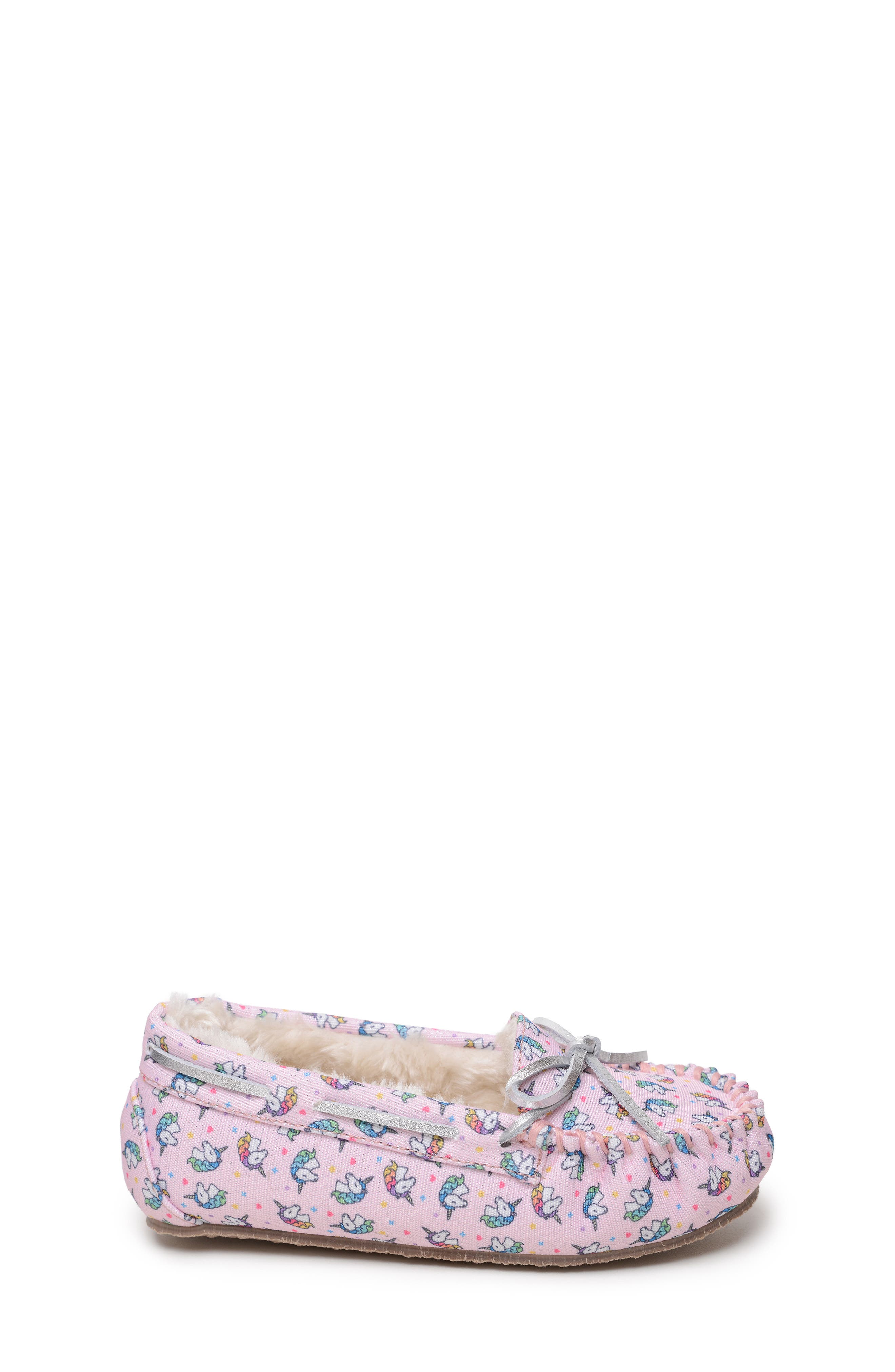Minnetonka Unicorn Faux Fur Lined Driving Shoe, Alternate, color, Pink Unicorn