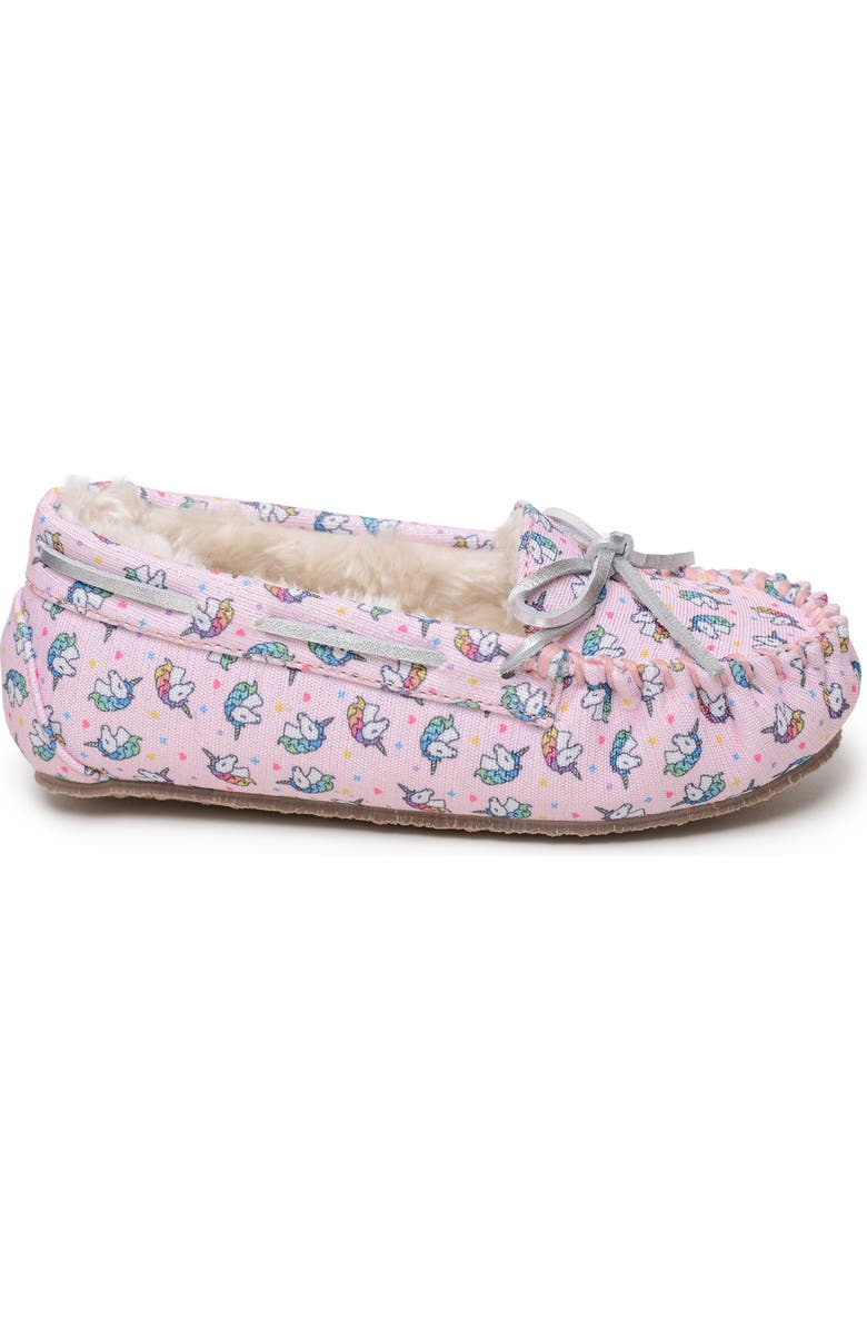 Minnetonka Unicorn Faux Fur Lined Driving Shoe, Alternate, color, Pink Unicorn