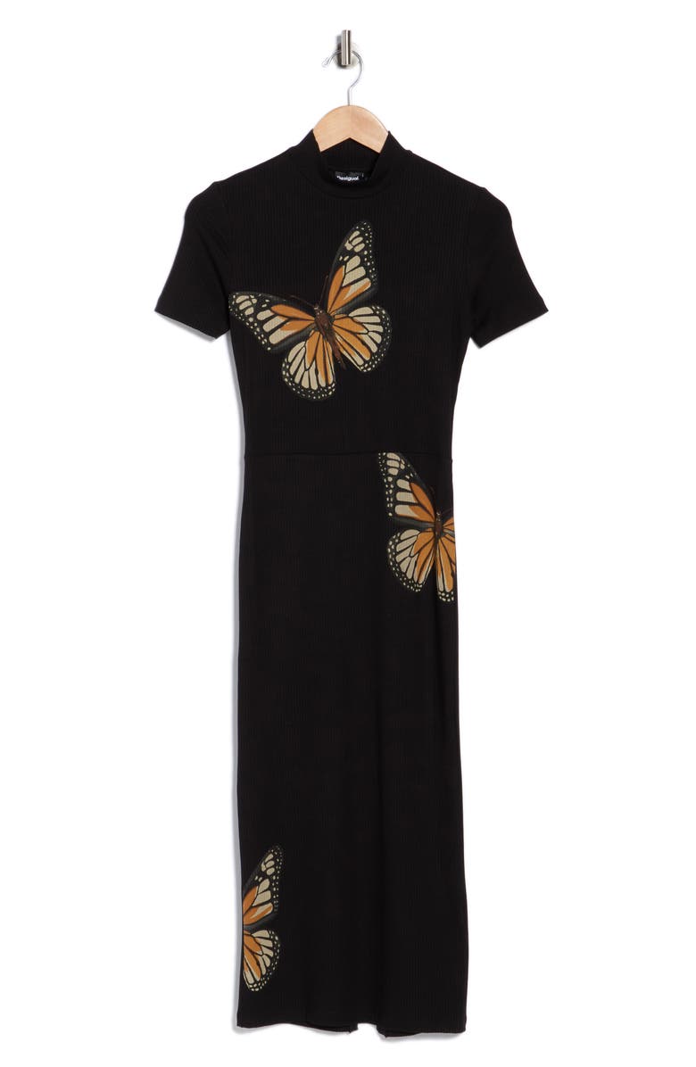 Desigual Butterfly Print Short Sleeve Ribbed Dress, Main, color, Black
