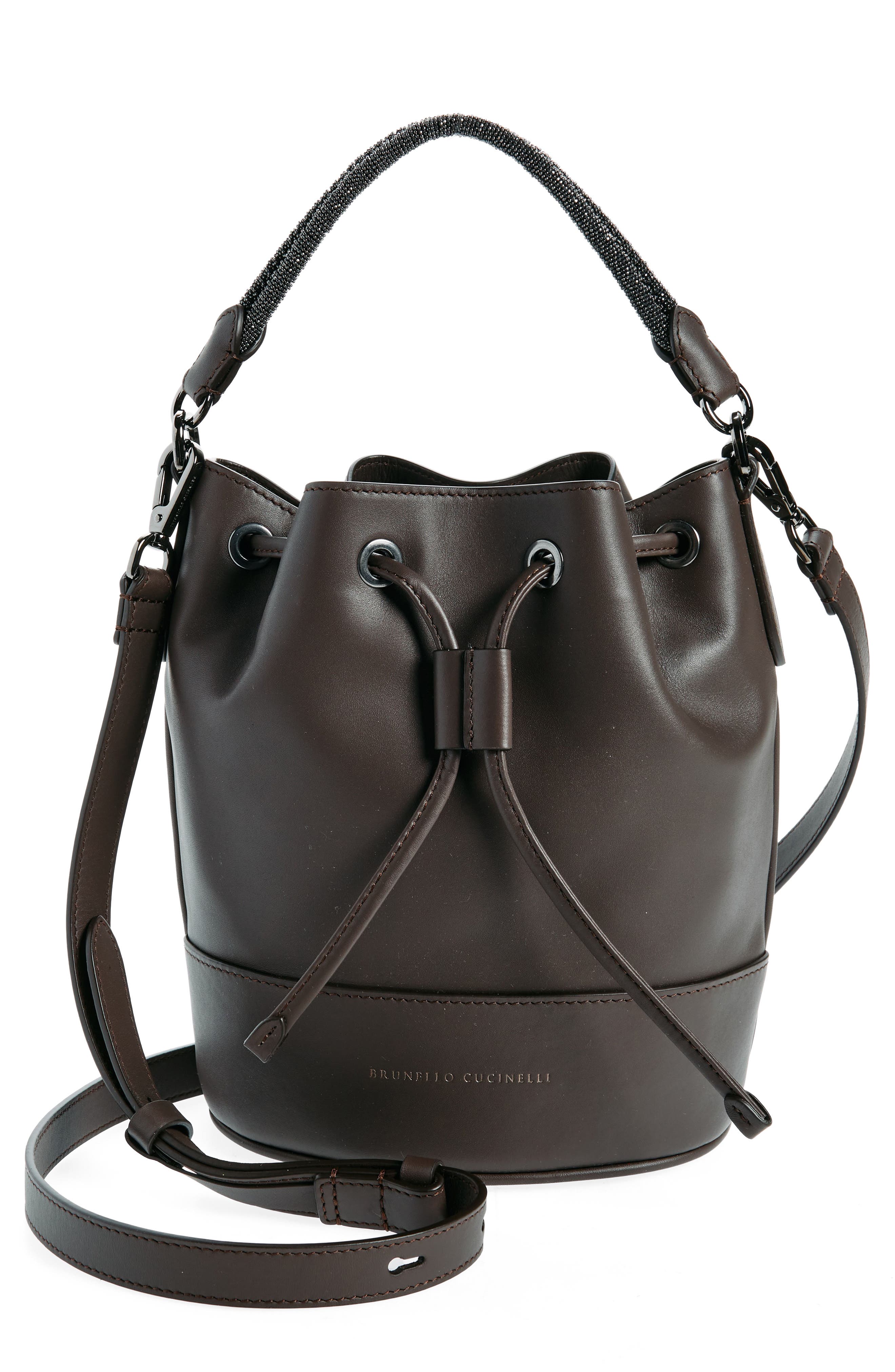 Brunello Cucinelli Monili Trim Leather Bucket Bag, Main, color, 
