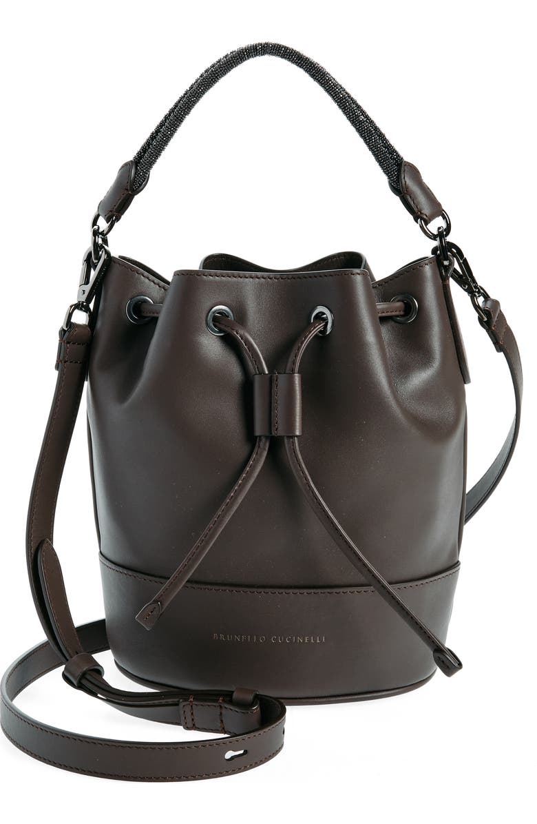 Brunello Cucinelli Monili Trim Leather Bucket Bag, Main, color,