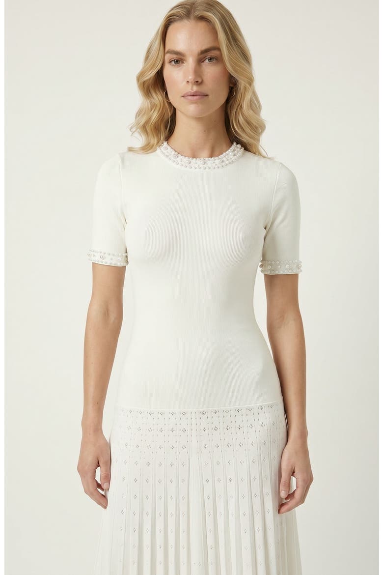 Pearl Embellished Fitted Waist Pleated Midi Knit Dress, Alternate, color, White