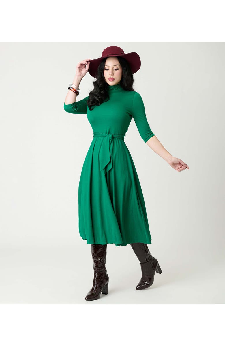 Unique Vintage 1950s Turtleneck Midi Dress, Alternate, color, Green Solid