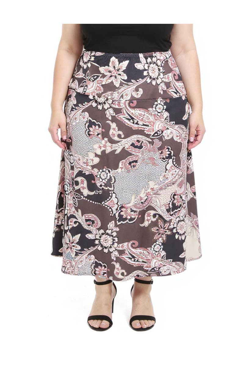 24seven Comfort Apparel Plus Size Paisley Elastic Waist A-Line Maxi Skirt, Main, color, Brown Multi