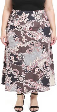 24seven Comfort Apparel Plus Size Paisley Elastic Waist A-Line Maxi Skirt