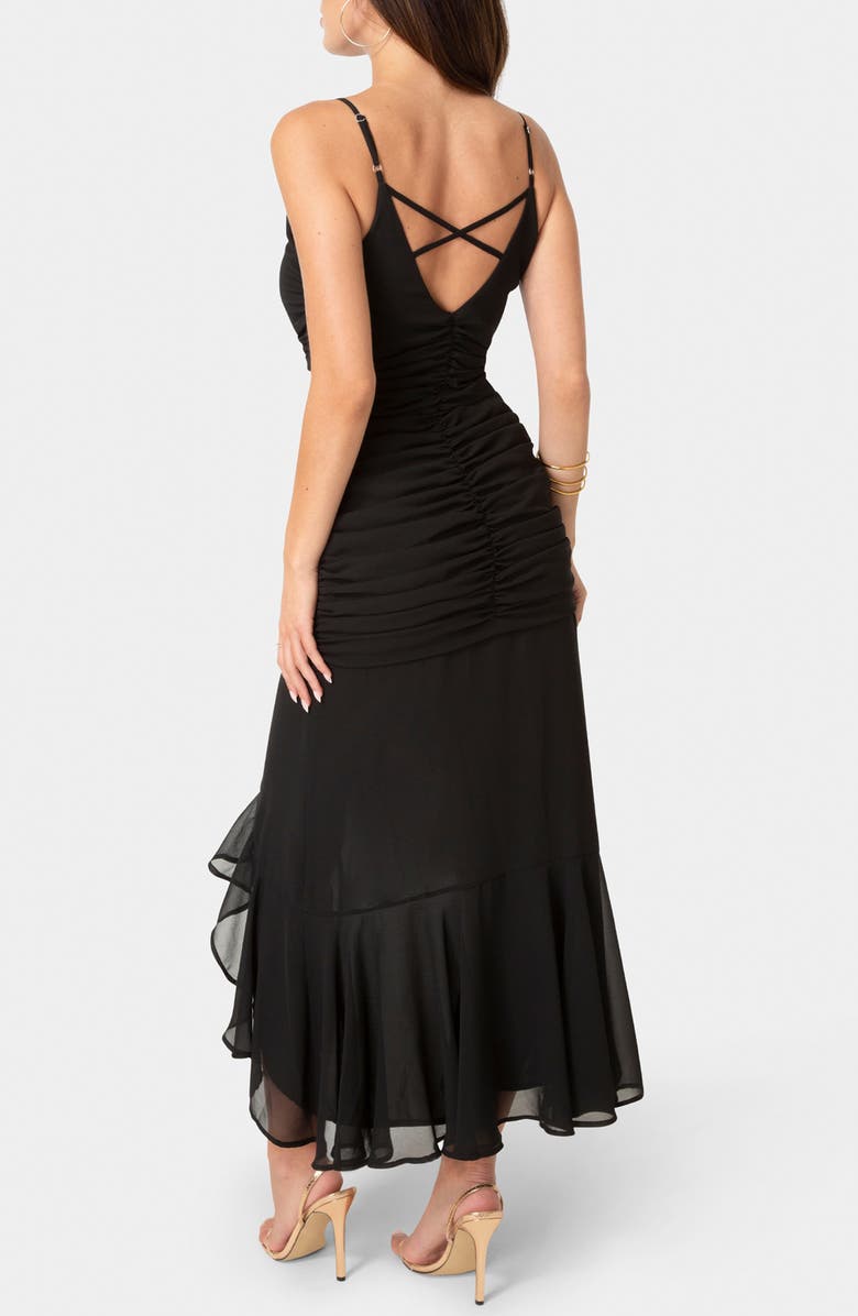 bebe Cascading Ruffle Ruched Chiffon High-Low Dress, Alternate, color, 