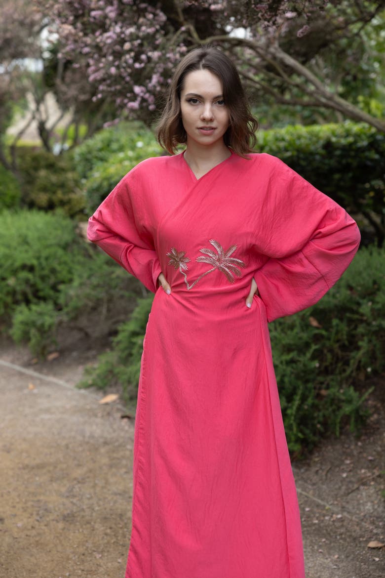 Palm Embroidered Silk Kaftan, Alternate, color, Red