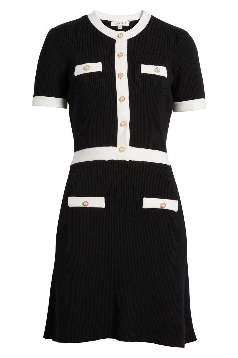 Contrast Button Rib Minidress, Alternate, color, BLACK WHITE