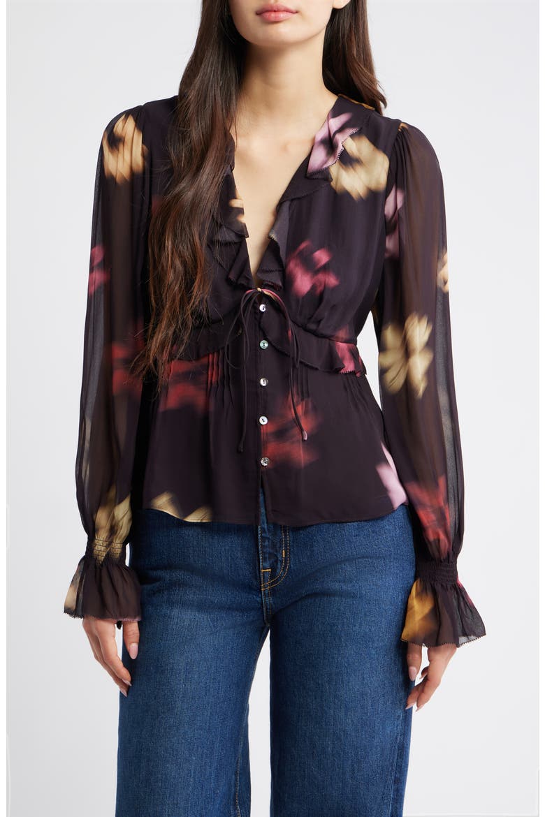 Alixa Floral Ruffle Button-Up Shirt, Main, color, ONYX BLURRED FLORAL