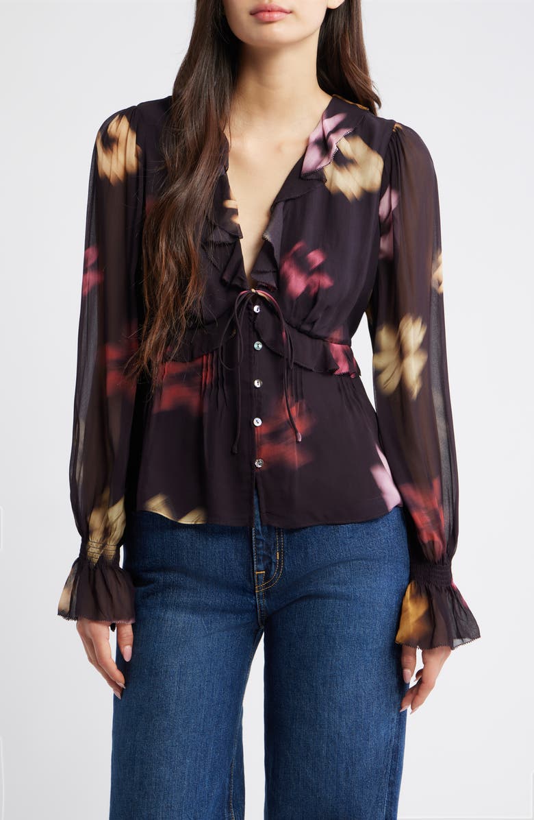 Rails Alixa Floral Ruffle Button-Up Shirt, Main, color, Onyx Blurred Floral