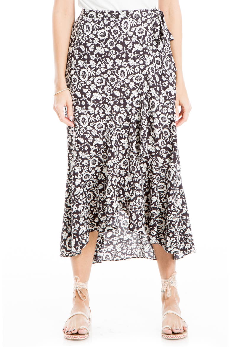 Side Tie Ruffle Maxi Skirt, Main, color, BLCK/ IVRY MED FLWY MRGLD