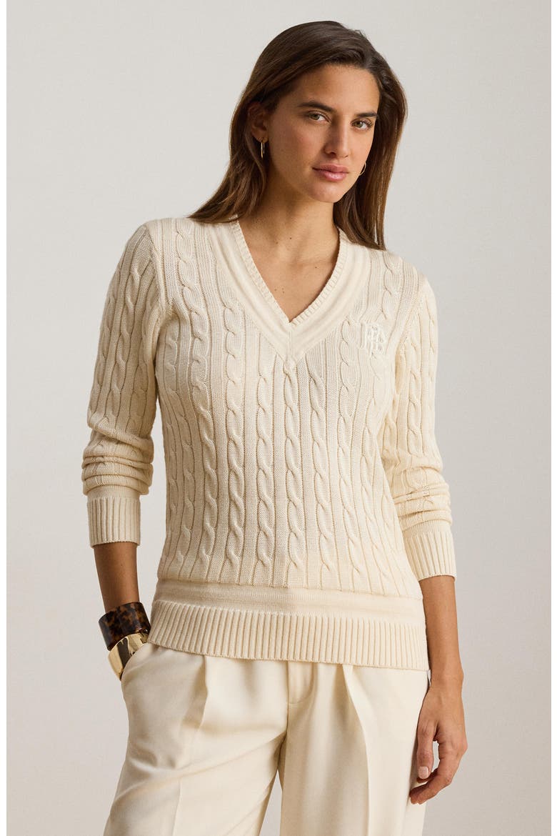 Cable Stitch V-Neck Sweater, Alternate, color, MASCARPONE CREAM