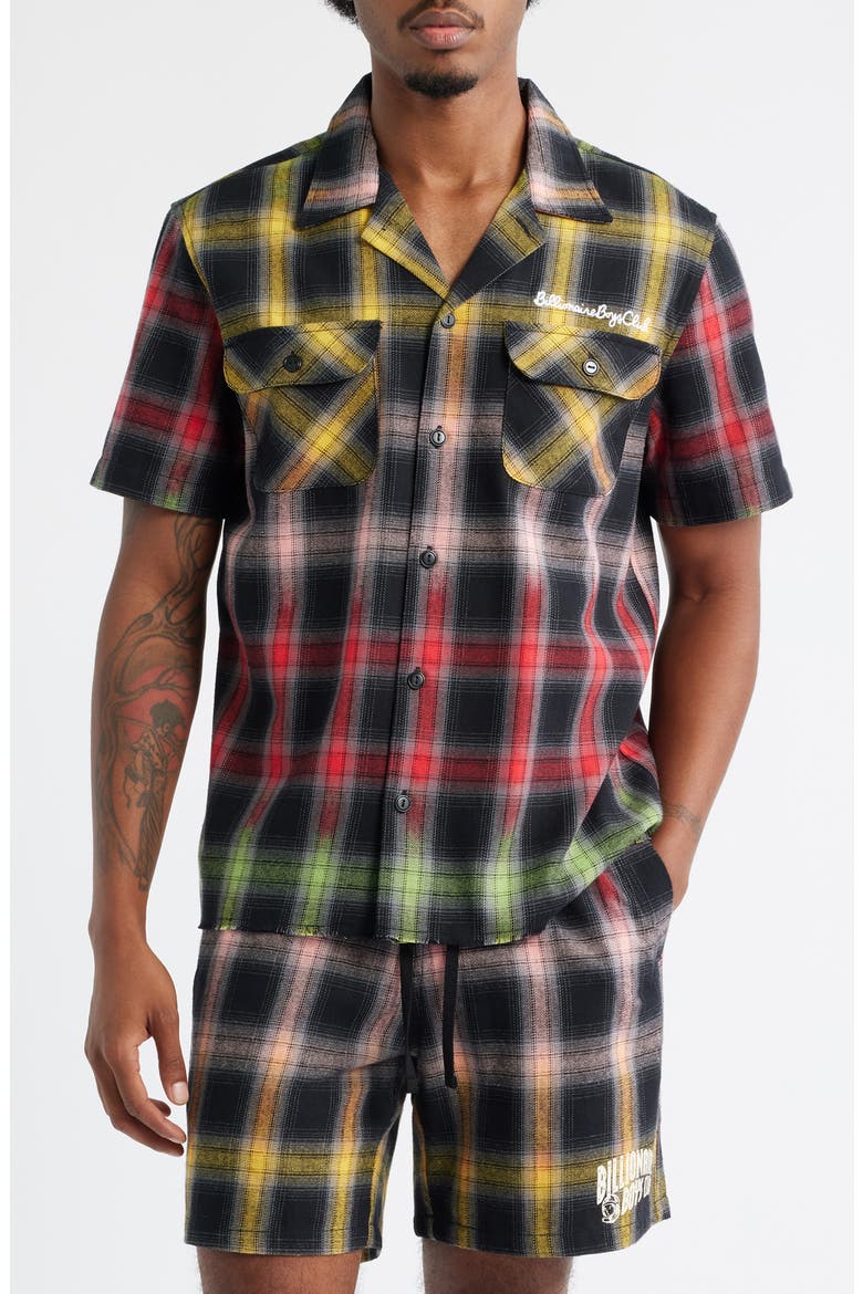 Rave Plaid Camp Shirt, Main, color, BLACK