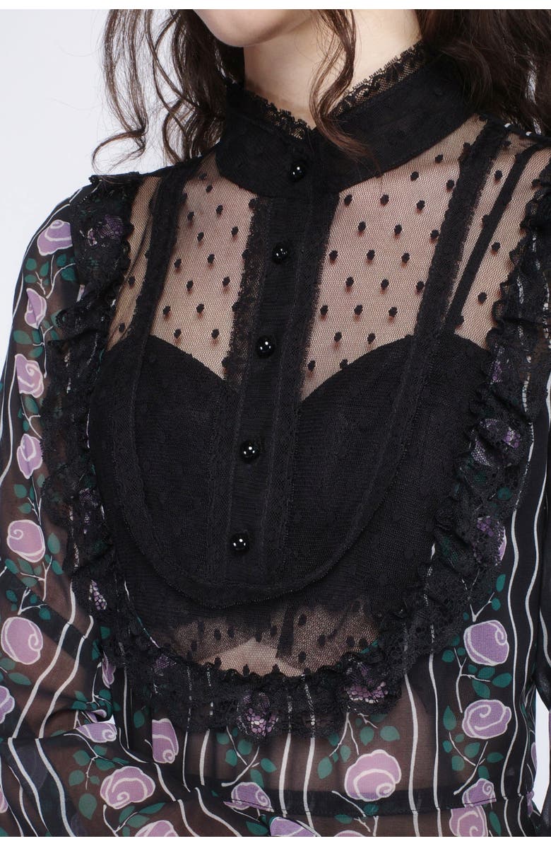 Anna Sui Rosetti Chiffon Victorian Bib Dress, Alternate, color, Black/Lilac Multi