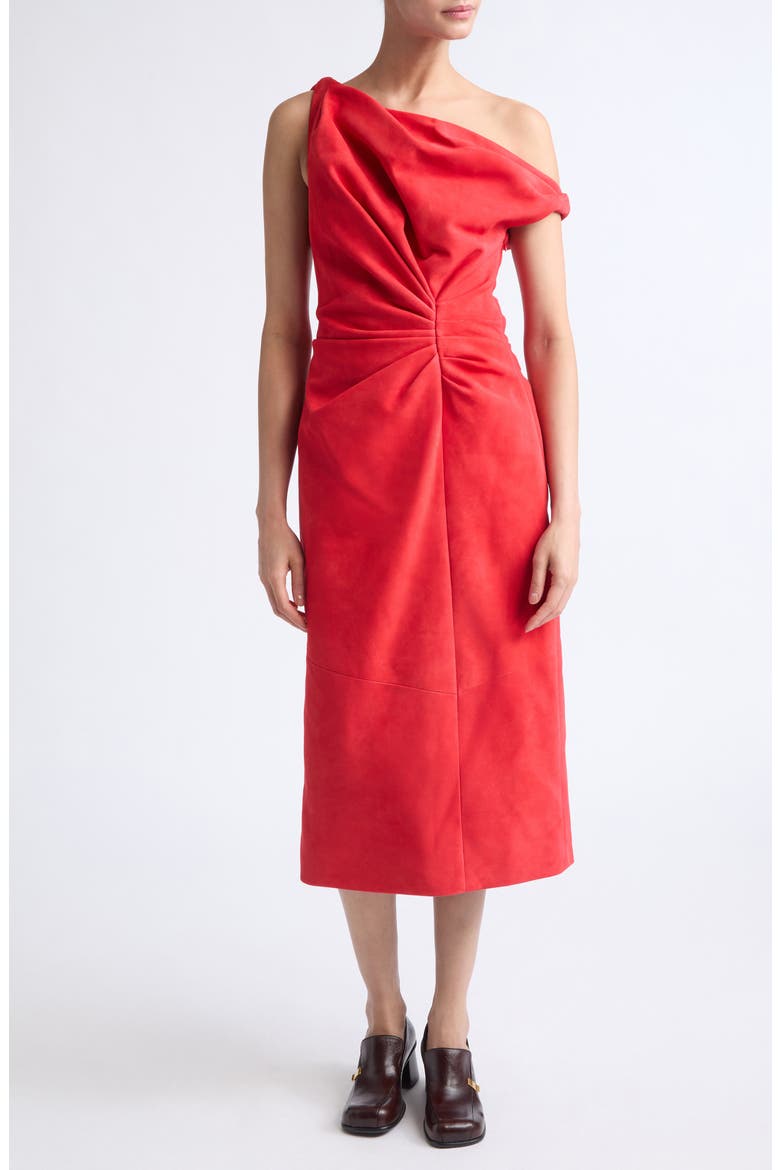 Kaelin One-Shoulder Suede Midi Dress, Main, color, RED