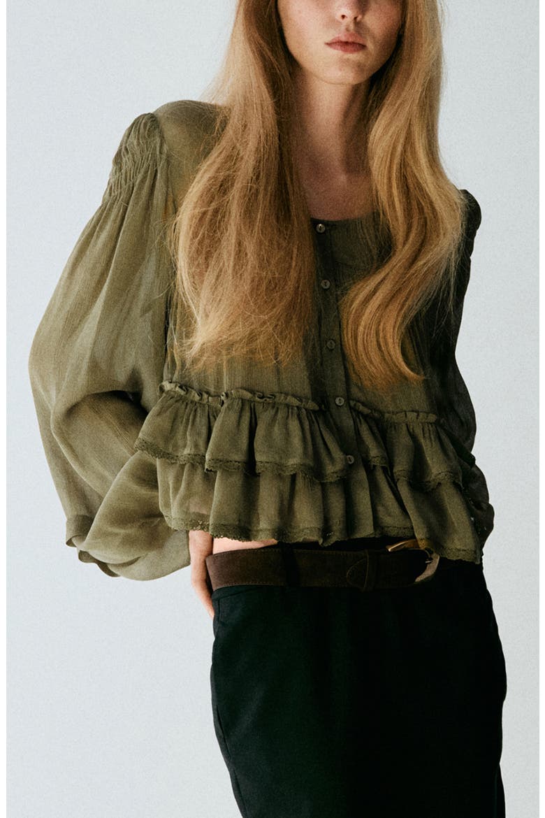 Ruffled Lace Trim Top, Main, color, GREEN