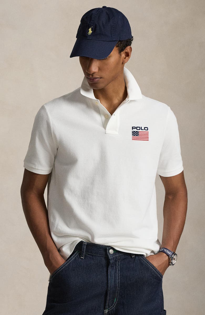 Polo Ralph Lauren Classic Fit Flag Embroidered Piqué Polo, Alternate, color, White