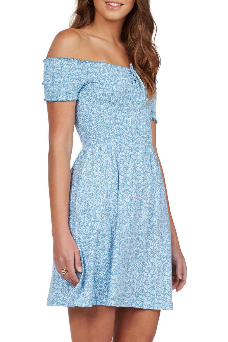 Off the Shoulder Smocked Cotton Dress, Alternate, color, ADRIATIC BLUE TAPA