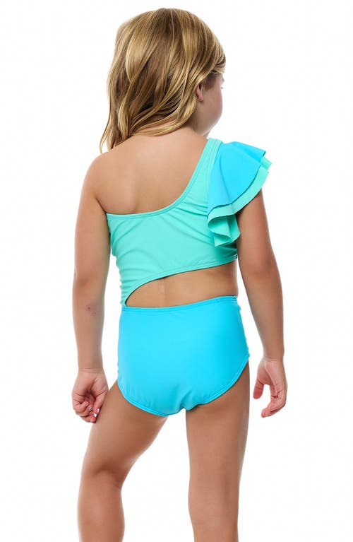 Beach Lingo Kids' Ruffle Asymmetric Cutout Colorblock One-piece Swimsuit In Aquatic