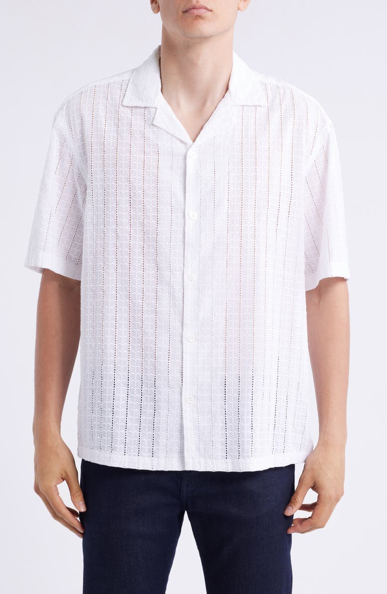 BOSS Lars Pointelle Stripe Camp Shirt, Main, color, White