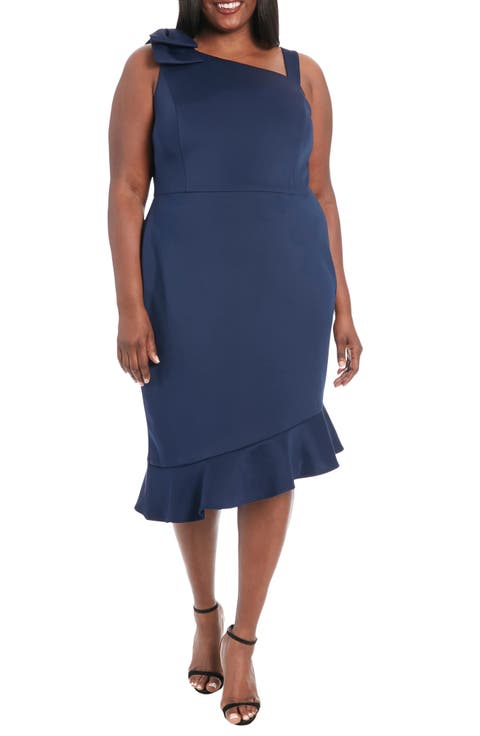 One Shoulder Asymmetric Flounce Hem Dress (Plus)