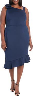 London Times One Shoulder Asymmetric Flounce Hem Dress