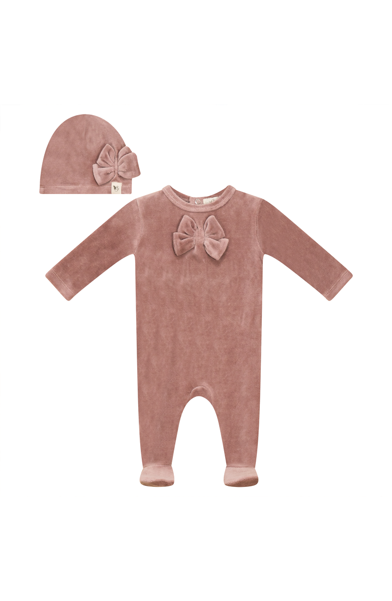 Bebe Bella Bow Stitch Ribbed Velour Romper with Matching Hat, Main, color, Rose