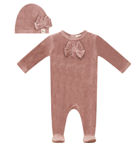 Bebe Bella Bow Stitch Ribbed Velour Romper with Matching Hat