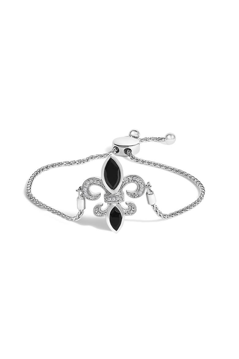 Silver Marquise Black Onyx and Diamond Accent Lariat Fleur De Lis Bolo Bracelet, Main, color, White