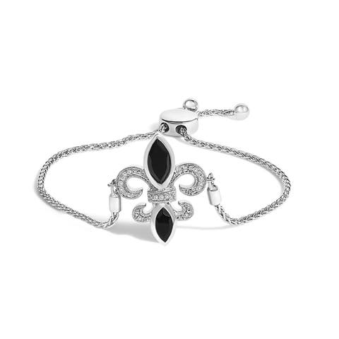 Silver Marquise Black Onyx and Diamond Accent Lariat Fleur De Lis Bolo Bracelet