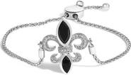 Haus of Brilliance Silver Marquise Black Onyx and Diamond Accent Lariat Fleur De Lis Bolo Bracelet