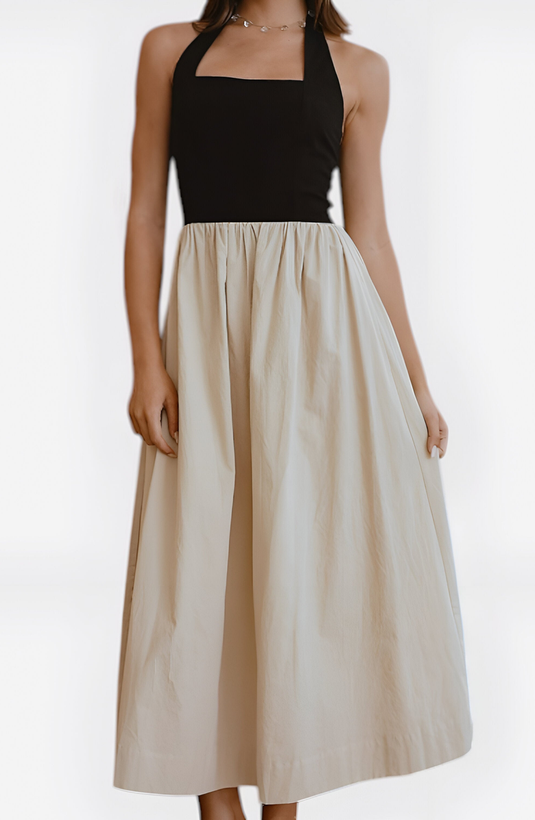 Modenaire Two-Tone Halter Maxi Dress with Fitted Bodice and Gathered Skirt, Main, color,