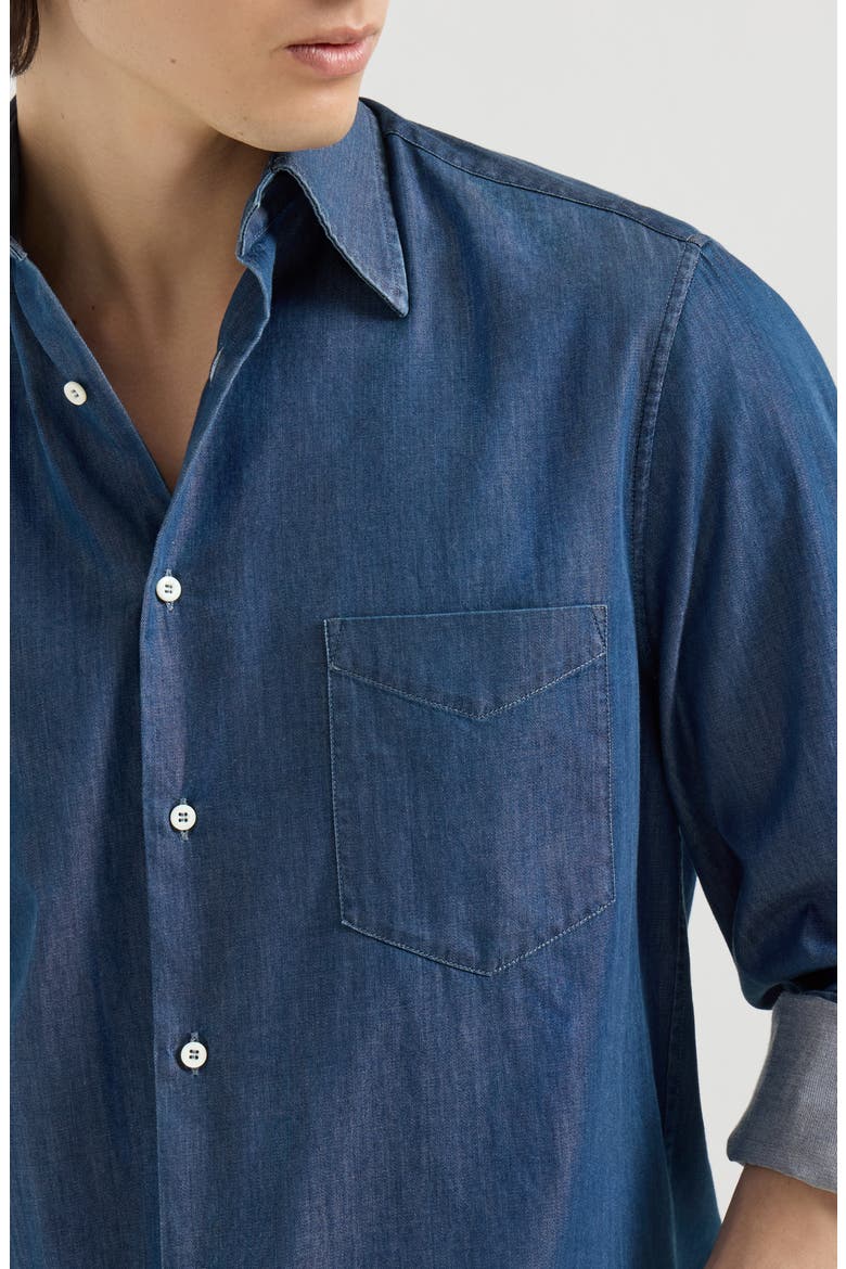 Lightweight denim shirt with Italian collar and chest pocket, Alternate, color, Dark Denim