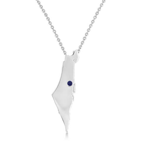 Blue Sapphire Israel Map Pendant Necklace 14K
