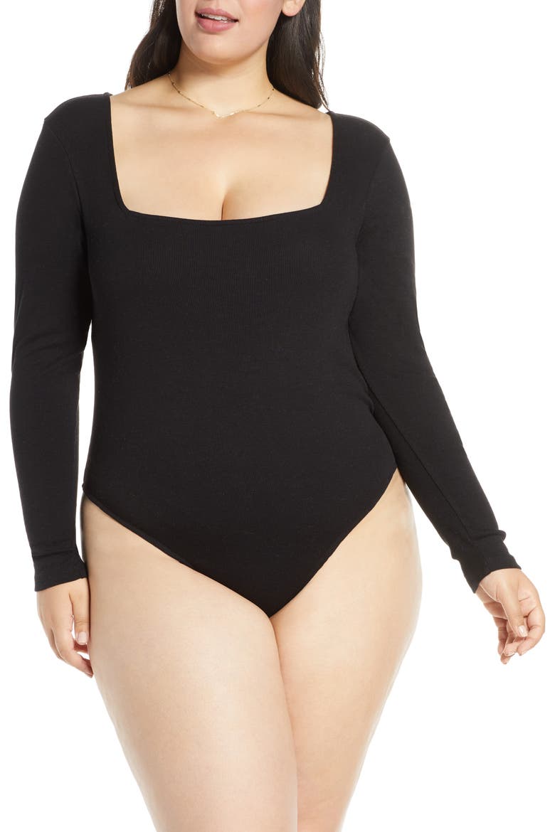 Square Neck Long Sleeve Bodysuit, Alternate, color, BLACK