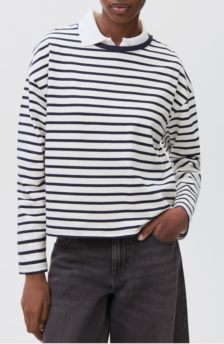 MANGO TEEN Stripe Long Sleeve Cotton T-Shirt, Main, color, Navy