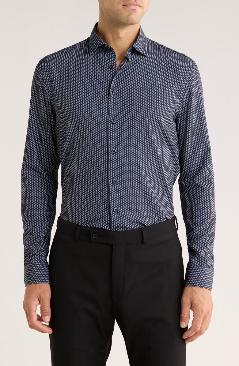 SOUL OF LONDON Dot Stretch Button-Up Shirt, Main, color, Navy/ Marine