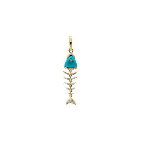 Turquoise Diamond Fish Bone Drop Pendant 14K