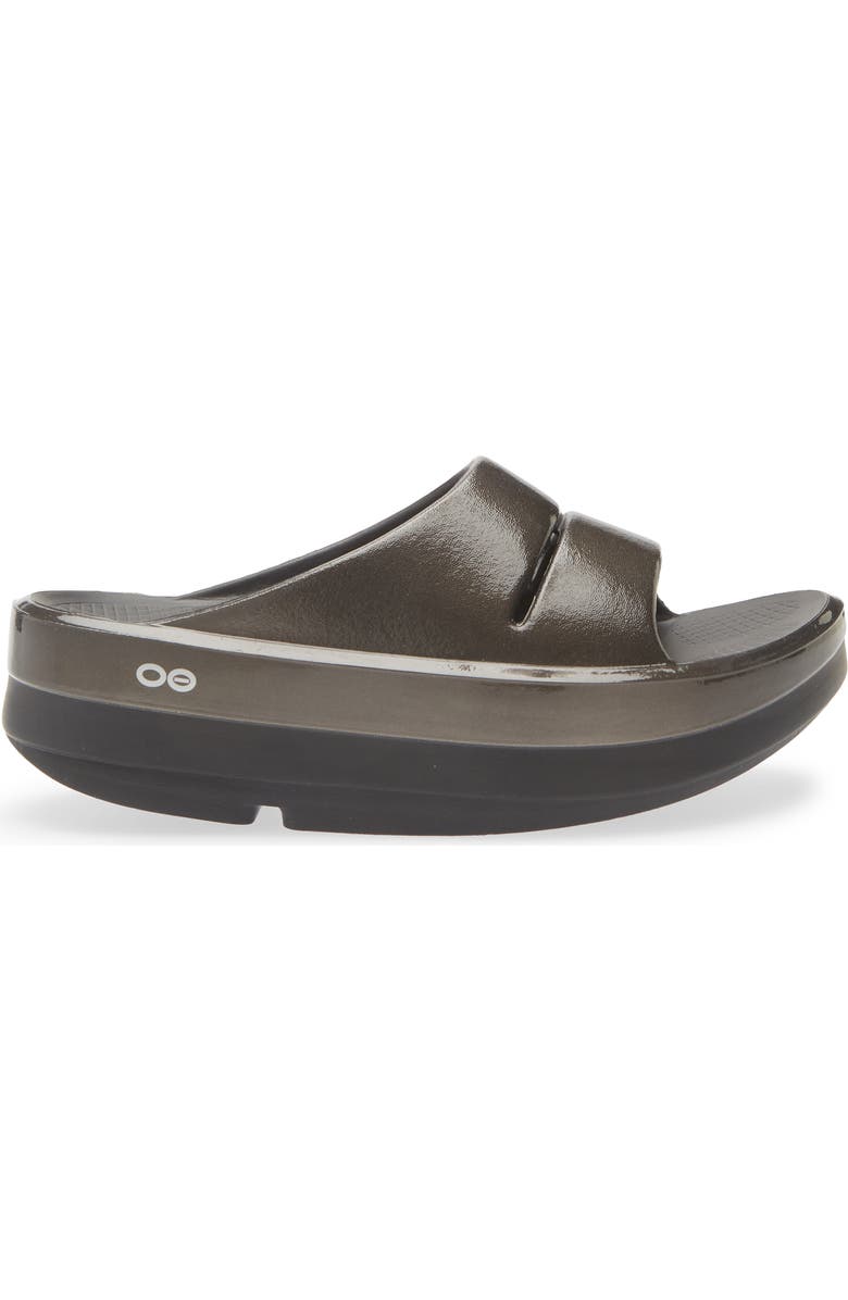Oofos OOmega OOahh Slide Sandal, Alternate, color, Black/ Titanium Mirror
