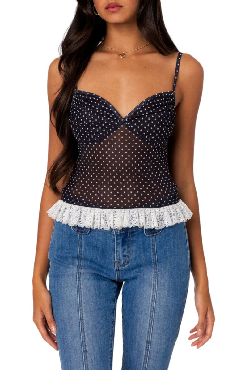 EDIKTED Polka Dot Mesh Camisole, Main, color, Black