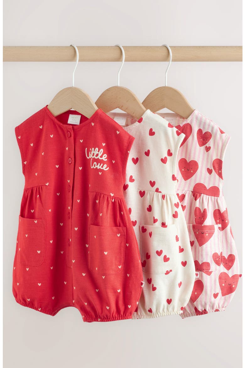 3-Pack Cotton Heart Rompers, Alternate, color, RED