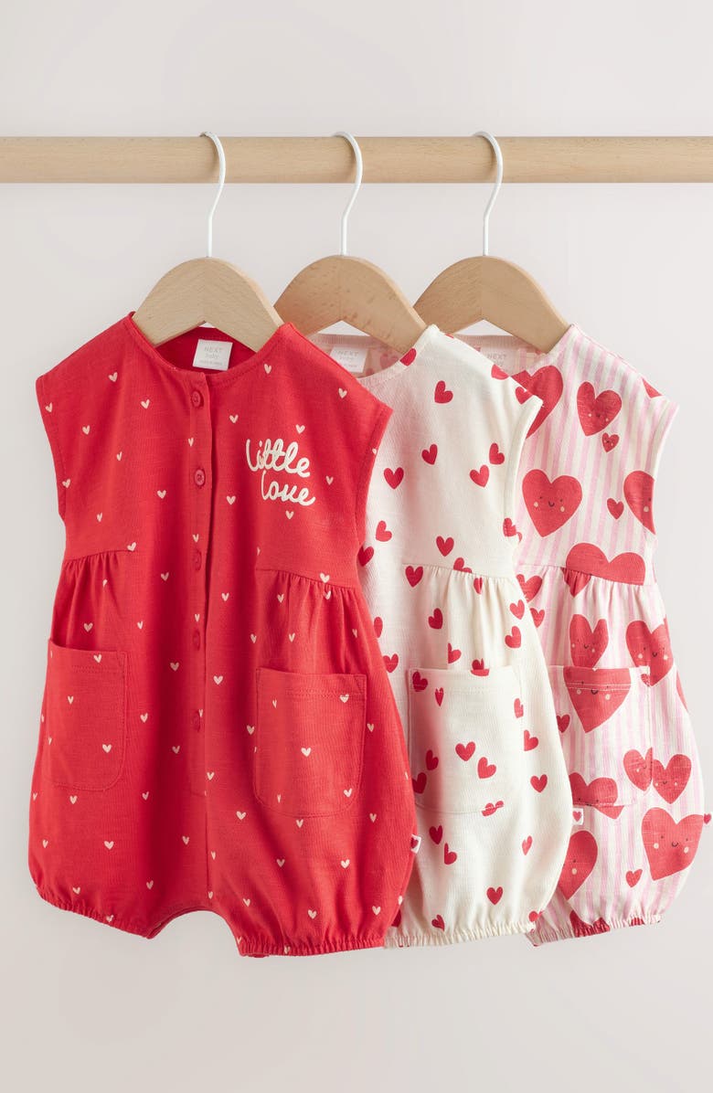 NEXT 3-Pack Cotton Heart Rompers, Alternate, color, Red