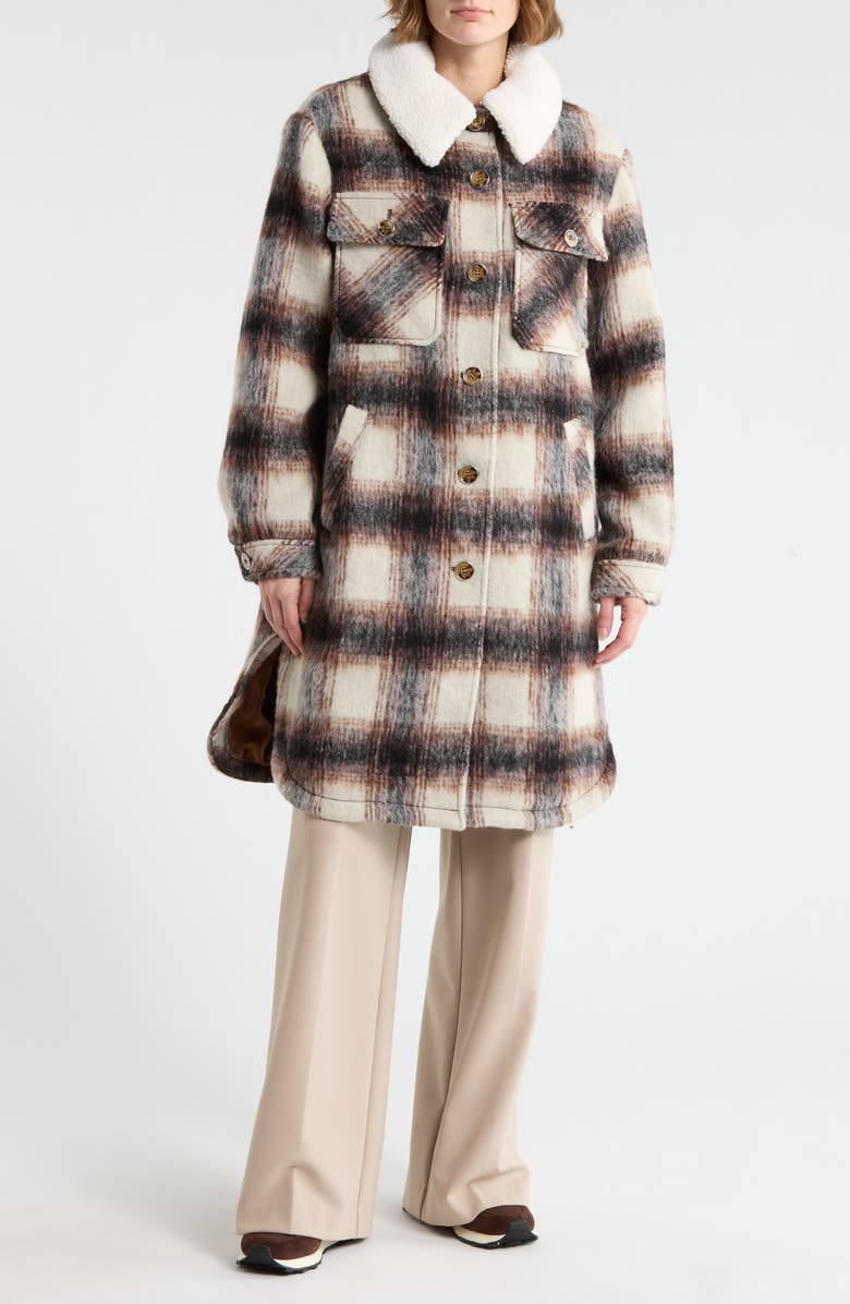 Vince Camuto Fleece Collared Longline Coat, Main, color, Autumn Barn Plaid
