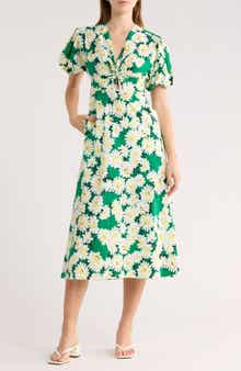DVF Majorie Floral Short Sleeve Cotton Blend Midi Dress