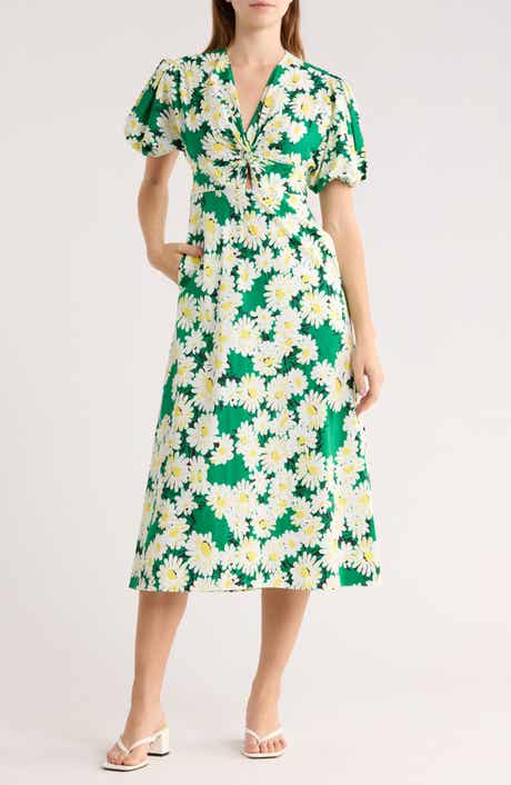 DVF Majorie Floral Short Sleeve Cotton Blend Midi Dress